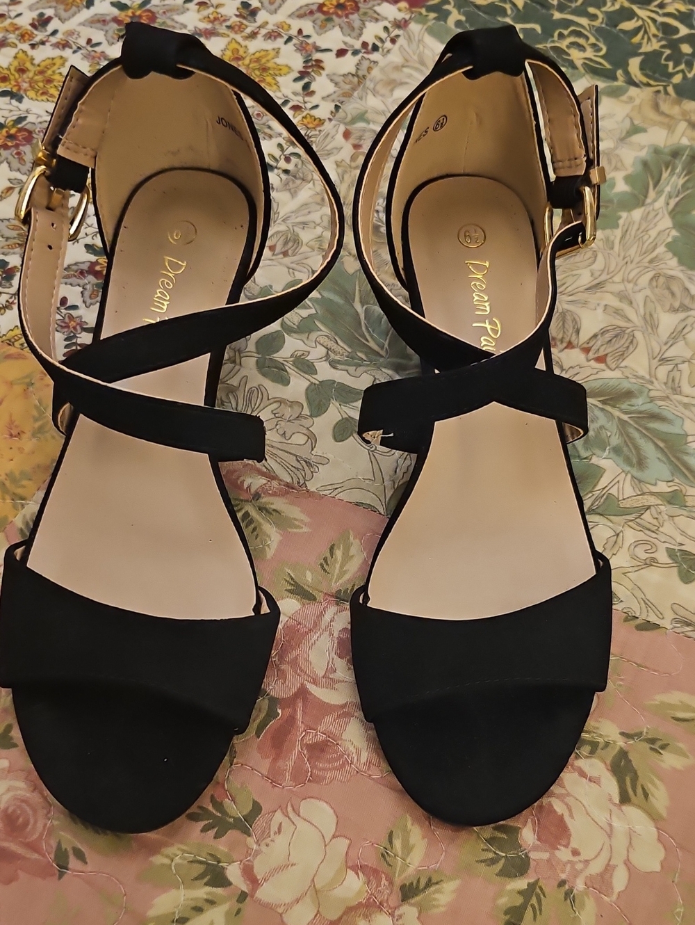 Dream Pairs Black Strappy Wedge Sandals with Gold Buckle